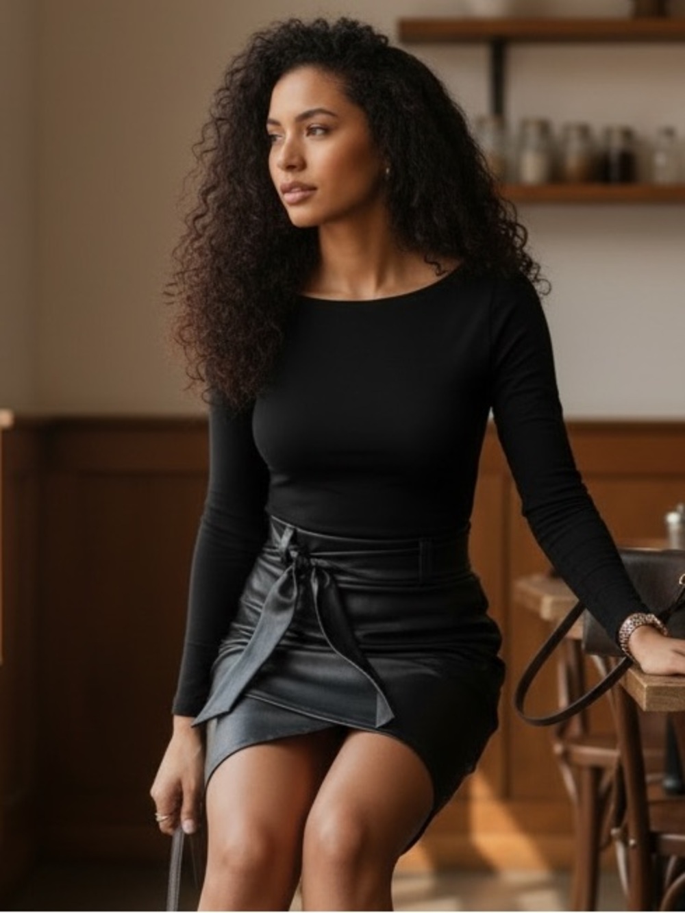 ✨🖤 Self-Tie Asymmetric Thigh Split Faux Black Leather Skirt Size 14 - Picture 7 of 8